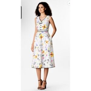Wayward Fancies EShakti Dress Womens 4 White Floral Fit Flare Midi Pockets Girly